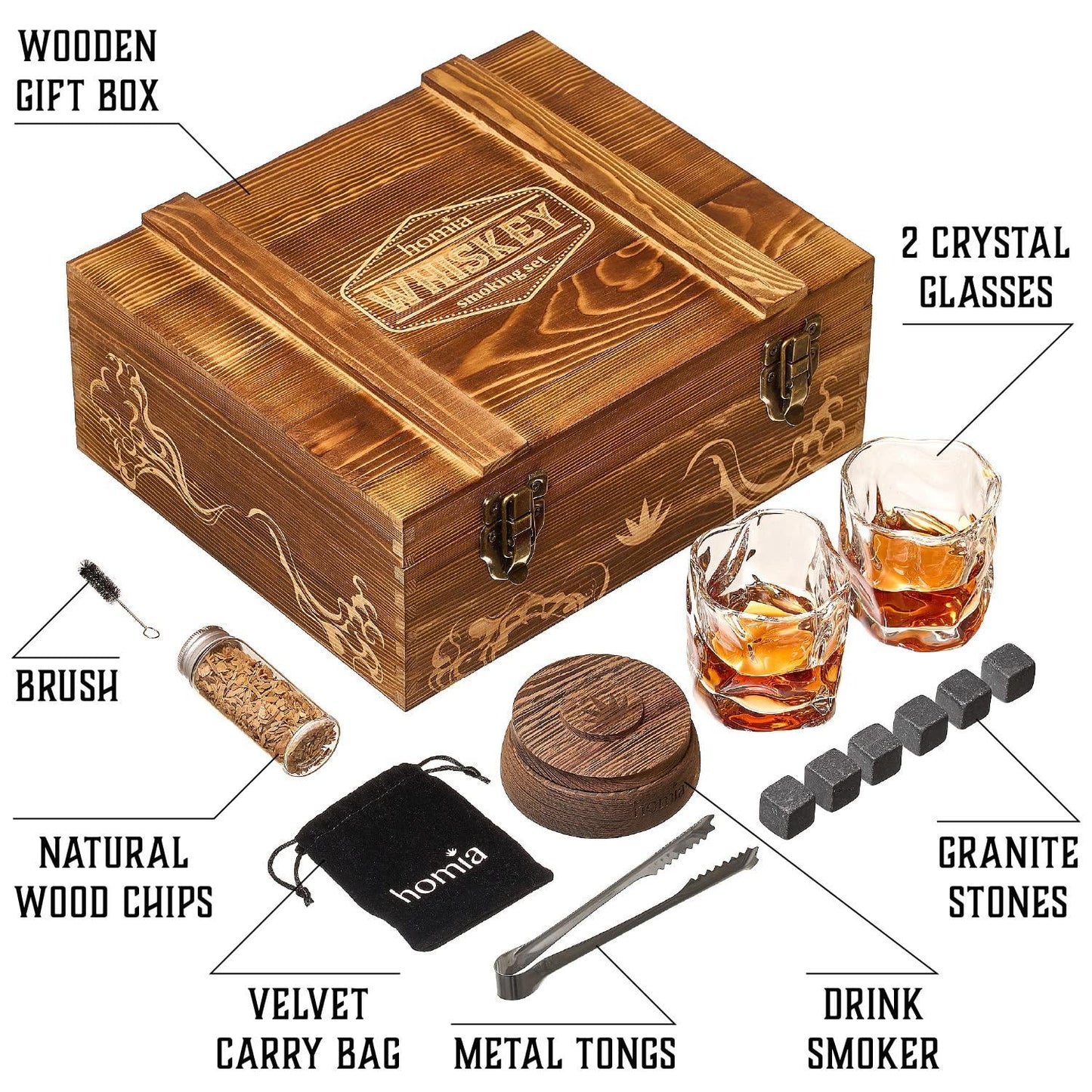 Whiskey Gift Set 13 pcs Wooden Smoker   Old Fashioned Glasses   2 pcs